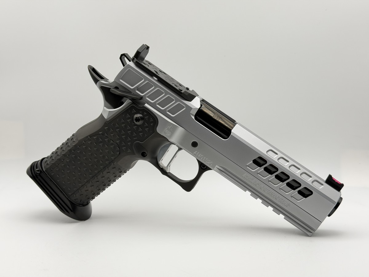 SP Firearms Atlas Gunworks TITAN RDS V3, 9MM, 5IN BULL, SILVER PVD, TACTICAL MAGWELL, MEDIUM SIL SUB 2LB RMR PLATE AMBI