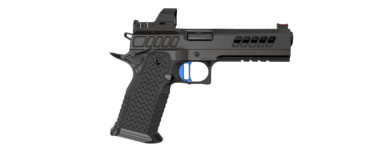 Atlas Gunworks Titan RDS V3 9mm Semi-Auto (2011) Pistol with 5" Bull Barrel, Flat Medium Blue Trigger, Ambi Safety, Steel Grip, Tactical Magwell, Optic Plate RMR/SRO, Black DLC Finish. Two 20 Round & One 17 Round Magazines.