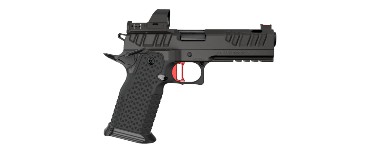 Atlas Gunworks, Apollo RDS V3 SAO Pistol, 4.6" Ported Bull Barrel, Flat Medium Red Trigger, Ambi Safety, Aluminum Grip, Tactical Magwell, Complete Black DLC Finish, RMR/SRO Plate, Two 20 Rd & One 17rd Magazines