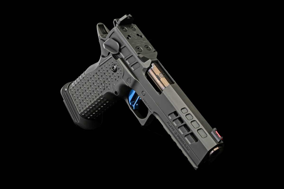 Atlas Gunworks, Athena V3, Semi-Auto SAO (2011) Pistol, 4.6" Bull Barrel, Ambi Safety, Hammer, Slide Release, Safety Delete, Slide & Frame Tactical Magwell all Black DLC, Aluminum Grip, Flat Medium Blue Trigger, RMR/SRO Optic Plate, 2-20 Rd & 1-17rd.