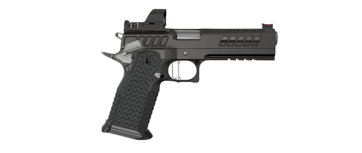 Atlas Gunworks Titan RDS V3 9mm Semi-Auto Pistol with 5" Bull Barrel, Flat Medium Silver Trigger, Ambi Shielded Safety, Steel Grip, Tactical Magwell, Optic Plate RMR/SRO, Black DLC Finish. Two 20 Round & One 17 Round Magazines.