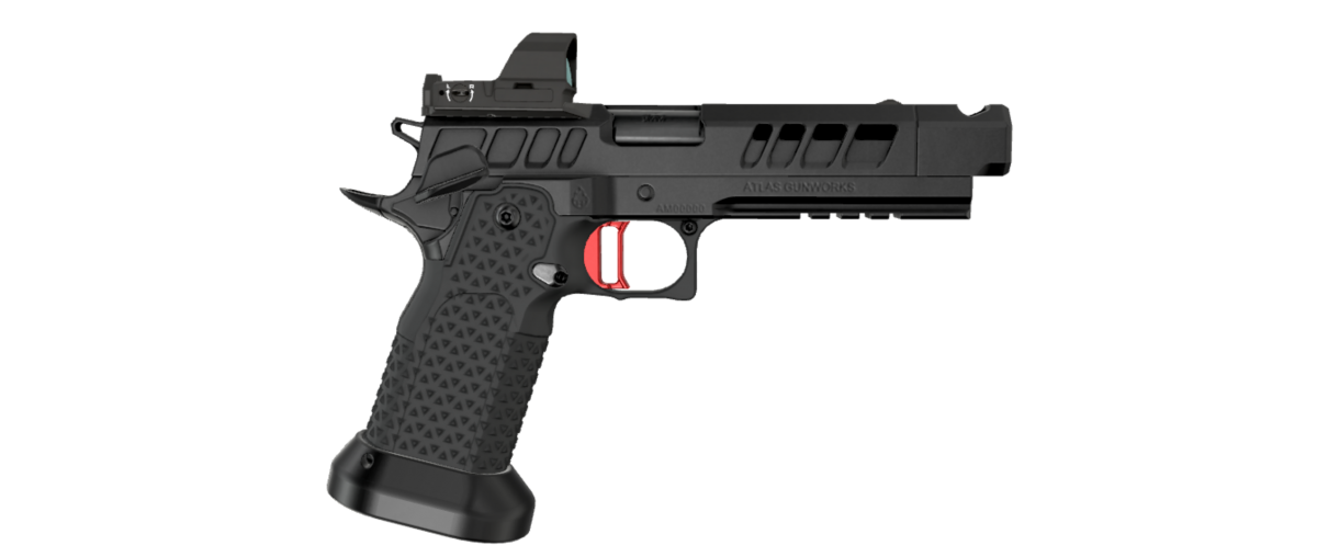 Atlas Gunworks Erebus V3 9mm SAO Semi-Auto (2011) Pistol, 4.6" Bull Barrel Threaded Compensated, Shielded Ambi Safety, Aluminum Grip, Regular Magwell, Flat Medium Red Trigger, Black DLC Finish, Omit Front Sight, RMR/SRO Plate, Two 20 Rd & One 17rd Mags.