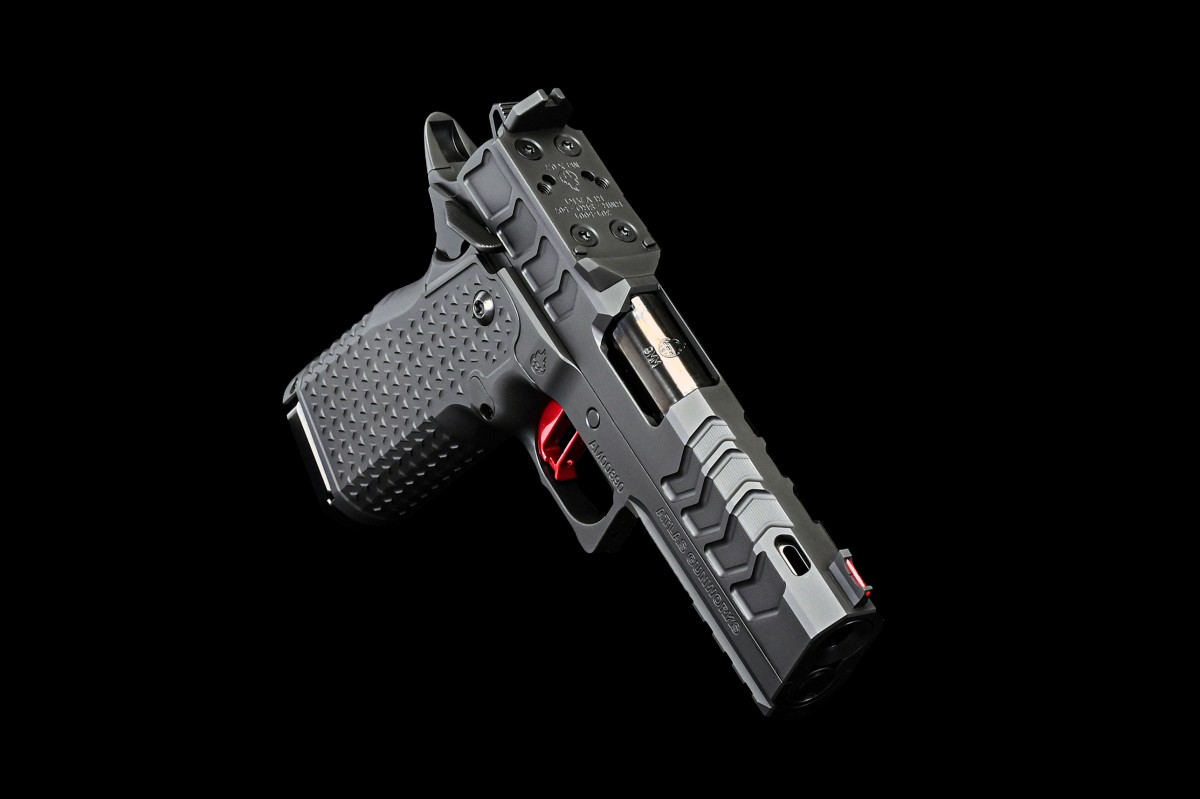 Atlas Gunworks, EOS V3 RDS SAO Semi-Auto (2011) Pistol, 4.25" Ported Bull Barrel, Ambi Safety, Aluminum Grip, Flat Medium Red Trigger, Complete Black DLC Finish, RMR/SRO Plate, Two 15 Rd & One 17 Rd Magazines.