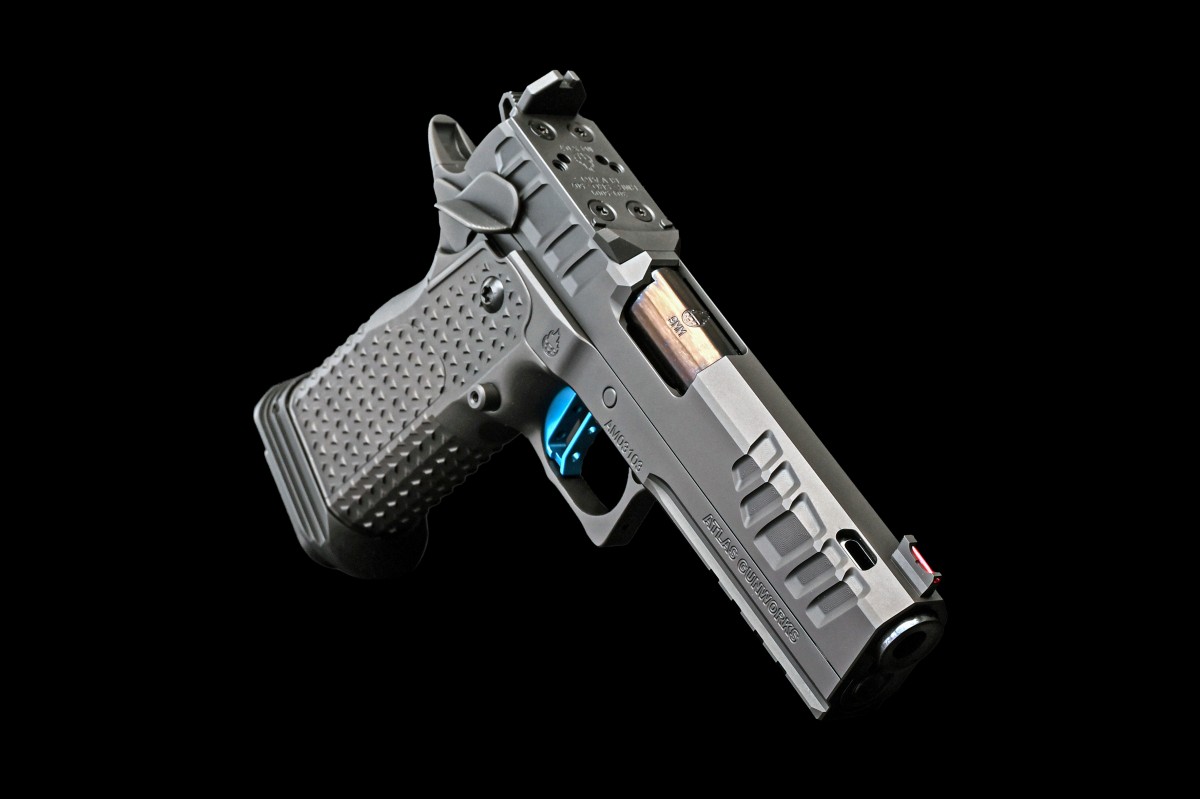 Atlas Gunworks, Apollo RDS V3 Left Handed Pistol, 4.6" Ported Bull Barrel, Shielded Ambi Safety, Aluminum Grip, Tactical Magwell, Flat Medium Blue Trigger, Complete Black DLC Finish, RMR/SRO Plate, Two 20 Rd & One 17rd Magazines