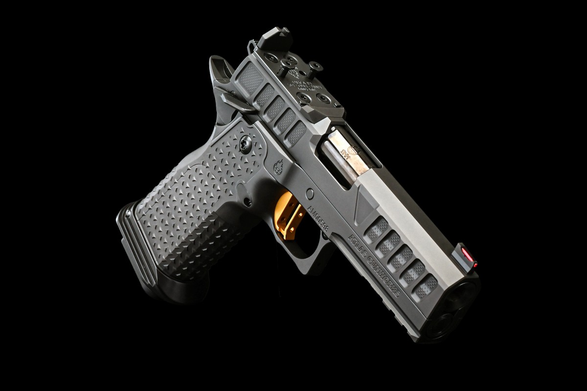 Atlas Gunworks Nyx V3 9mm SAO Semi-Auto (2011) Pistol, 4.25" Bull Barrel, Ambi Safety, Aluminum Grip, Tactical Magwell, Flat Medium Gold Trigger, Black DLC Finish, RMR/SRO Plate, Two 20 Rd & One 17rd Mags.