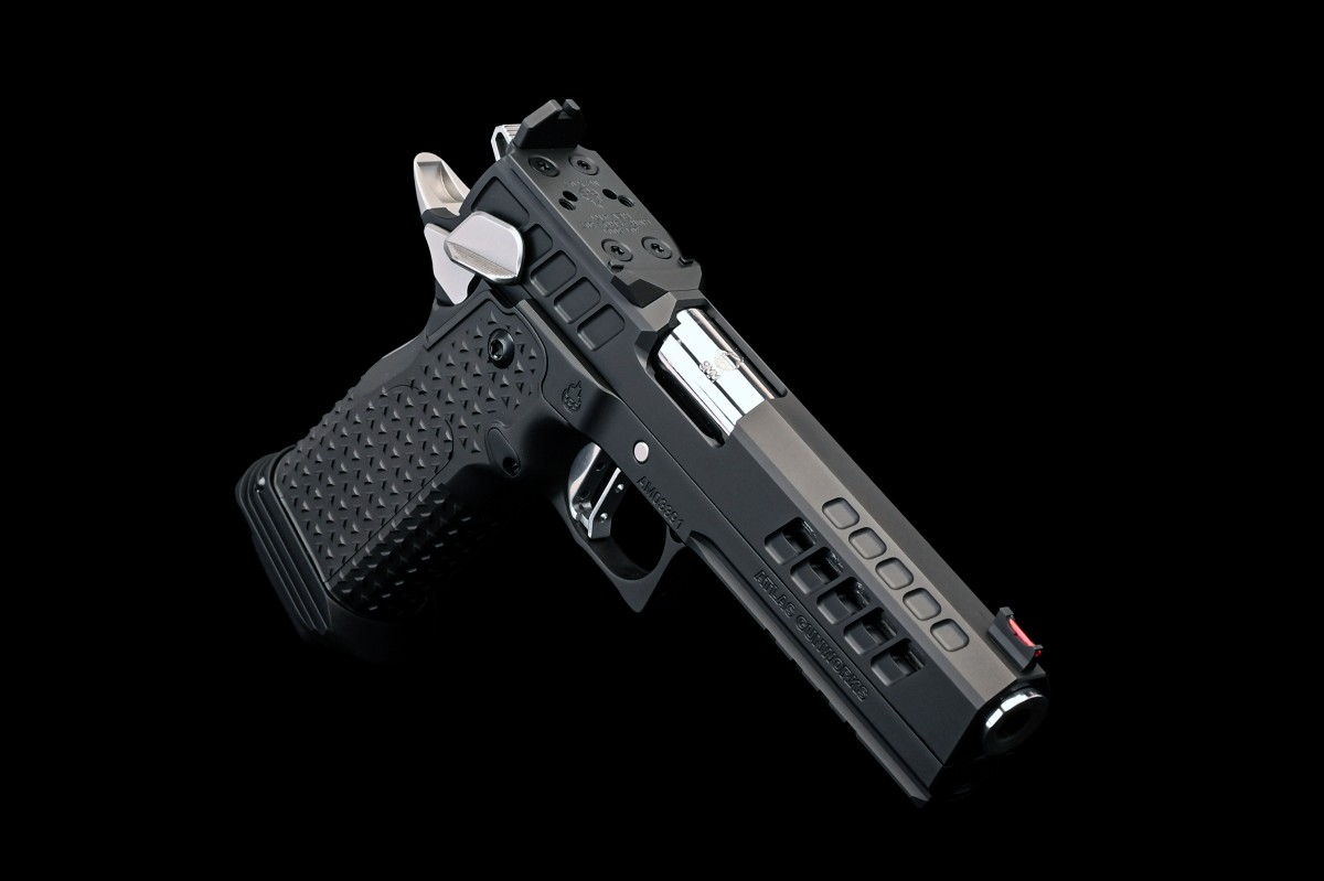 Atlas Gunworks Titan RDS V3 9mm Semi-Auto Pistol with 5" Bull Barrel, Flat Medium Silver Trigger, Ambi Shielded Safety, Steel Grip, Tactical Magwell, Optic Plate RMR/SRO, Black DLC Finish. Two 20 Round & One 17 Round Magazines.