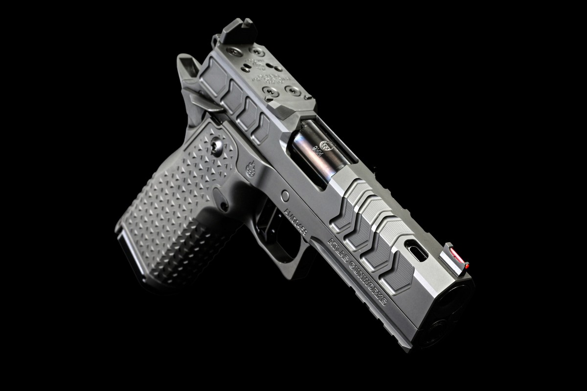 Atlas Gunworks, EOS V3 SAO Semi-Auto (2011) Pistol, 4.25" Ported Bull Barrel, Ambi Safety, Aluminum Grip, Flat Medium Black Trigger, Complete Black DLC Finish, RMR/SRO Plate, Two 15 Rd & One 17 Rd Magazines.