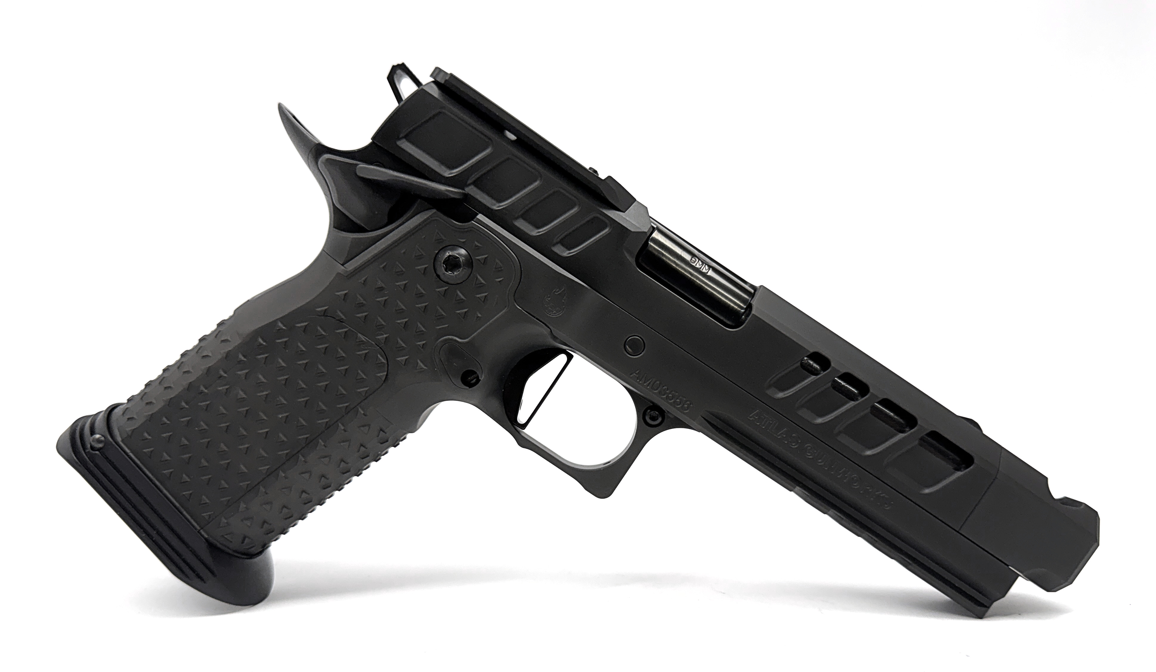 Atlas Erebus V3 All DLC, 9mm, All DLC Finish, 4.6" Barrel with Compensator, RH Ambi Safety, Tactical Magwell, Flat Short Black Trigger, RMR/SRO Plate, 1 126mm 17 Rd and 2 140mm 20 Rd Magazines-Black Basepad, Memory Foam Case