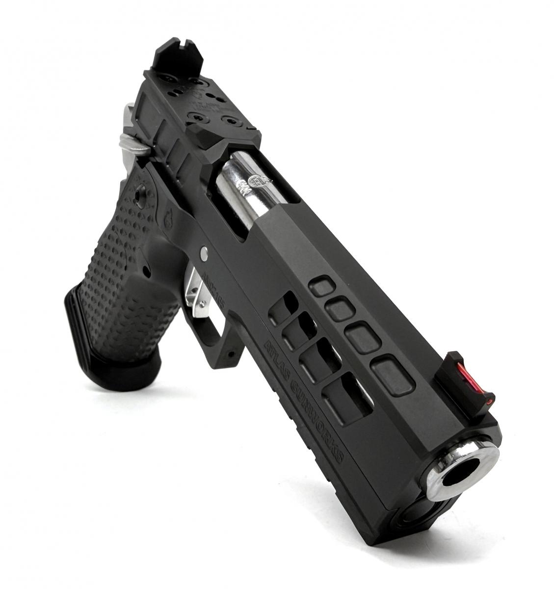 Atlas Athena V3 Two Tone, 9mm 4.6" Barrel, Two Tone Finish, Flat Medium Silver Trigger, Sub-2lb Trigger, RMR/SRO Optics Plate, Alpha Grip, Tactical Magwell, 1 126mm 17 Rd Magazine. 2 140mm 20 Rd Magazines-Black Basepad,