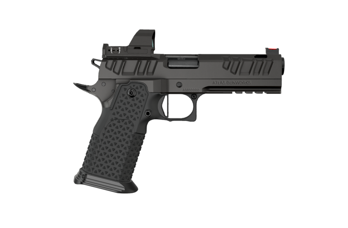 Atlas Gunworks, Apollo RDS V3 SAO Semi-Auto (2011) Pistol, 4.6" Ported Bull Barrel, Ambi Safety, Steel Grip, Tactical Magwell, Flat Medium Black Trigger, Complete Black DLC Finish, RMR/SRO Plate, Two 20 Rd & One 17rd Magazines.